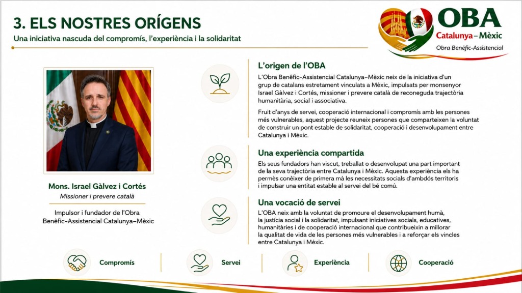Els nostres orígens — Una iniciativa nascuda del compromís, l'experiència i la solidaritat. Impulsada per Mons. Israel Gálvez i Cortés, missioner i prevere català.
